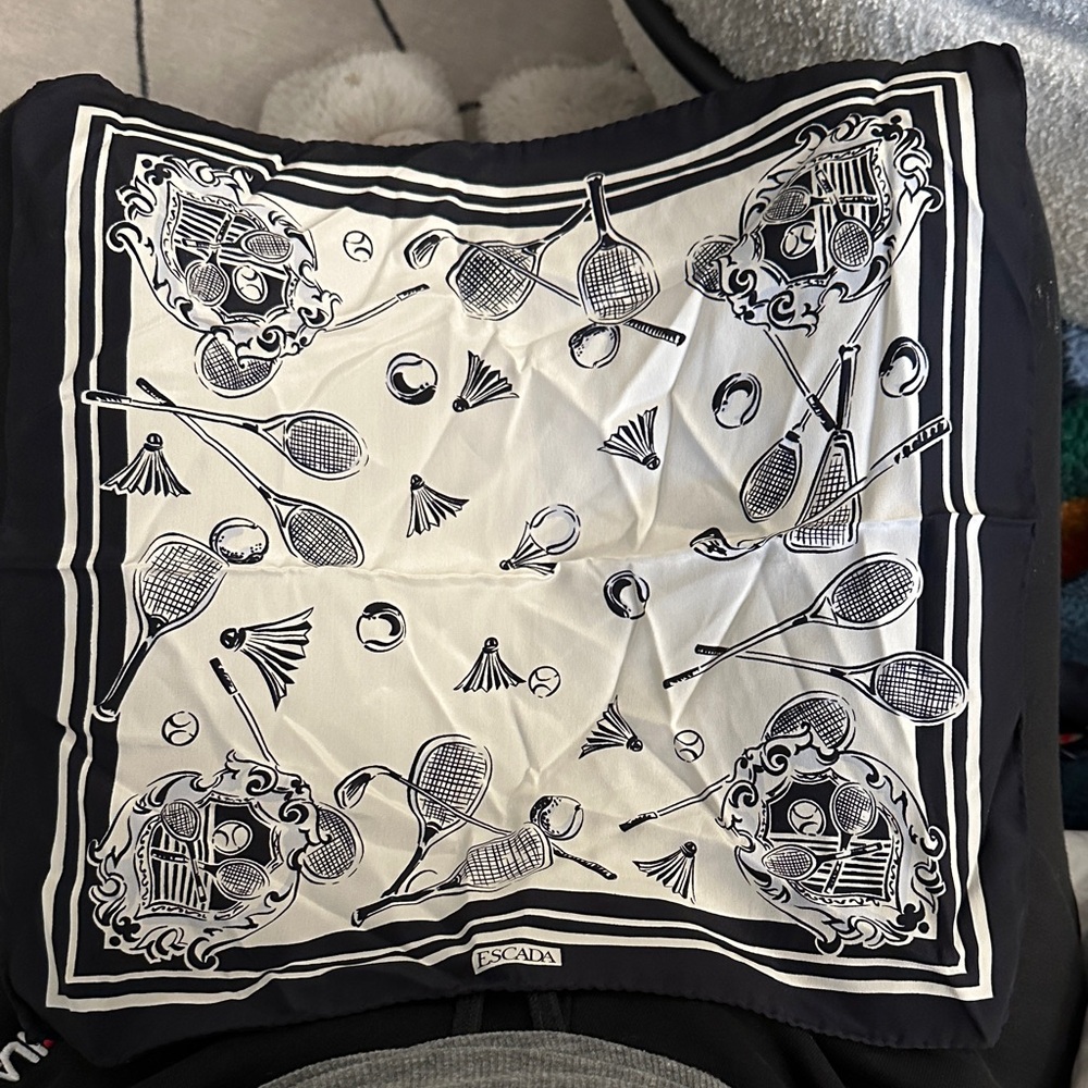 Escada Monochrome Vintage Tennis Motif Pocket Square Scarf